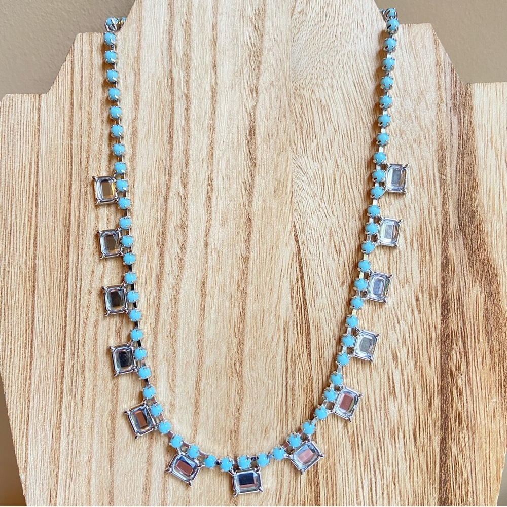 Lia Sophia Damsel silvertone necklace in light blue with clear rectangles NWT